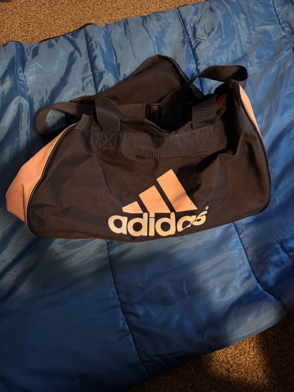 adidas Black Duffel Bag with Pink Logo and Accent Panels